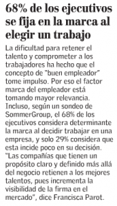 “68% de los ejecutivos se fija en la marca al elegir un trabajo”, Capital Humano, Economía y Negocios, El Mercurio, 20/01/14